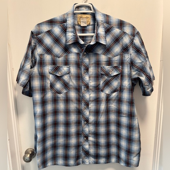 Wrangler Short Sleeve Blue Plaid Button Down w/ Pearl Snaps Mens Size 3XL - Picture 1 of 6